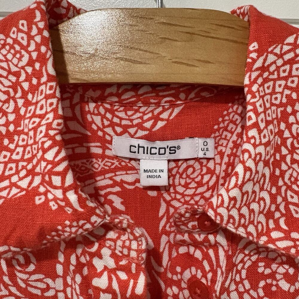 Chico's | Midi Dress Orange Paisley Linen Short Sleeve Resort Vacation- Size 4 0 - Picture 5 of 8